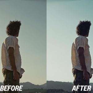 Puede incluir: Comparaci&oacute;n lado a lado de una foto antes y despu&eacute;s de la edici&oacute;n. La imagen muestra a una persona con camisa blanca y pantalones verdes, con un fondo de monta&ntilde;as y cielo azul. El texto "BEFORE" y "AFTER" est&aacute; en la parte inferior.