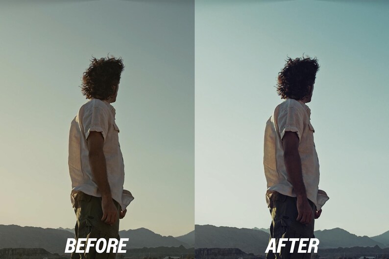 Puede incluir: Comparaci&oacute;n lado a lado de una foto antes y despu&eacute;s de la edici&oacute;n. La imagen muestra a una persona con camisa blanca y pantalones verdes, con un fondo de monta&ntilde;as y cielo azul. El texto "BEFORE" y "AFTER" est&aacute; en la parte inferior.