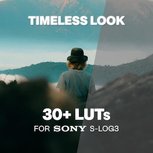 Peut inclure: Un graphique numérique présentant une vue en écran divisé d'un paysage de montagne avec une personne portant un chapeau bob. Le texte indique TIMELESS LOOK, 30+ LUTs et FOR SONY S-LOG3. La gauche montre une scène vibrante, la droite est désaturée.