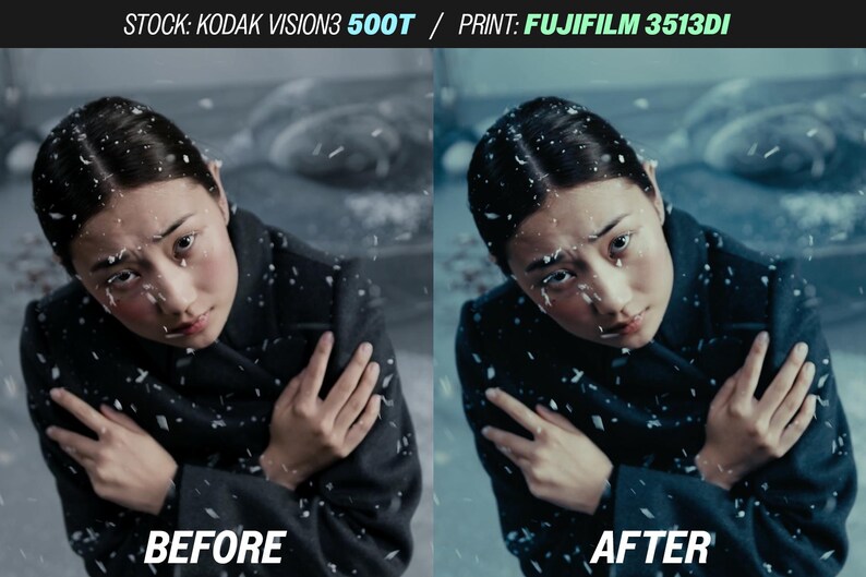 May include: Split image showing a woman in a dark coat with snow falling. The left side is labeled "BEFORE" and the right side is labeled "AFTER". The top of the image has text that reads "STOCK: KODAK VISION3 500T / PRINT: FUJIFILM 3513DI".