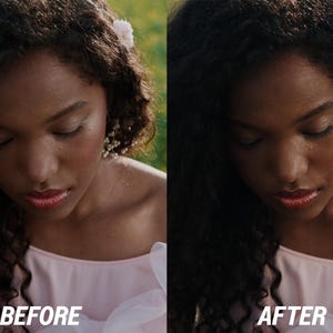 Puede incluir: Imagen dividida que muestra a una mujer con cabello rizado oscuro, que lleva una blusa rosa claro, con el texto "BEFORE" a la izquierda y "AFTER" a la derecha. La mujer tiene una flor en el pelo y lleva pendientes.