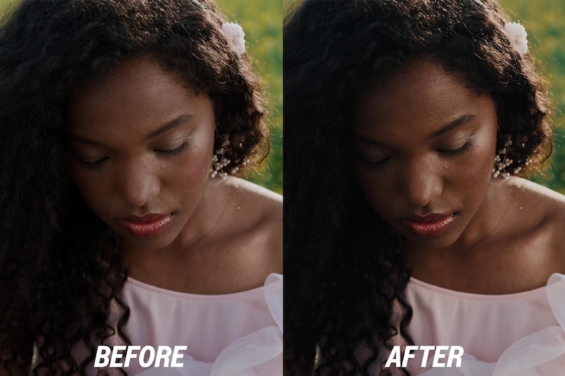 Puede incluir: Imagen dividida que muestra a una mujer con cabello rizado oscuro, que lleva una blusa rosa claro, con el texto "BEFORE" a la izquierda y "AFTER" a la derecha. La mujer tiene una flor en el pelo y lleva pendientes.