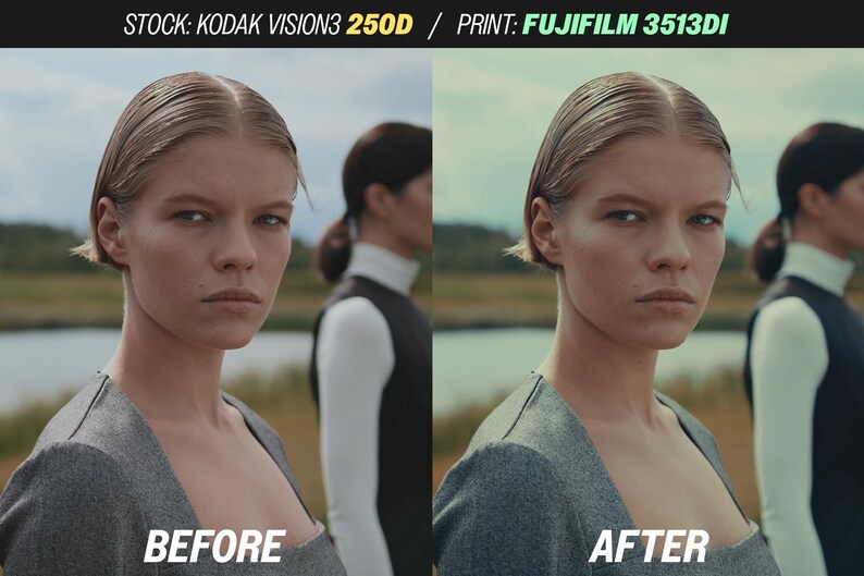 May include: A split image showing a woman before and after a photo edit. The "BEFORE" side shows a woman in a gray dress, while the "AFTER" side shows the same woman with a slightly different color tone. Text at the top reads "STOCK: KODAK VISION3 250D / PRINT: FUJIFILM 3513DI".