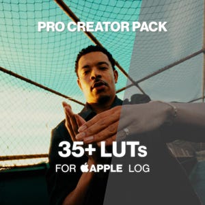 Puede incluir: Un anuncio de producto digital titulado PRO CREATOR PACK con el texto 35+ LUTs FOR APPLE LOG. La imagen muestra un efecto de pantalla dividida con un filtro de video de tonos cálidos de atardecer a la izquierda y un filtro neutro a la derecha.