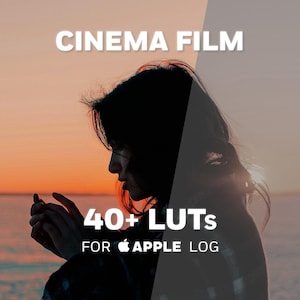 Puede incluir: Un gráfico de producto digital con el texto CINEMA FILM, 40+ LUTs y FOR APPLE LOG. La imagen muestra un efecto de pantalla dividida con la silueta de una persona frente a un atardecer sobre el agua, con un lado más cálido y el otro más frío.