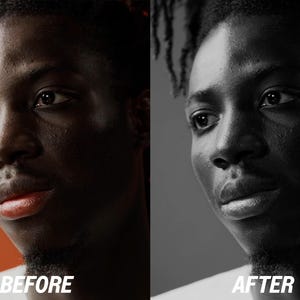 May include: Split image showing a person's face before and after a process. The left side is in color, with an orange background and the text "BEFORE". The right side is in black and white, with the text "AFTER".