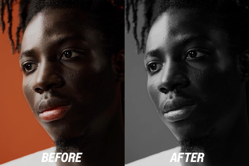 May include: Split image showing a person's face before and after a process. The left side is in color, with an orange background and the text "BEFORE". The right side is in black and white, with the text "AFTER".