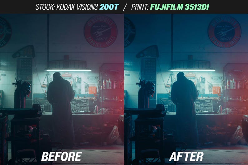 May include: A split-screen image showing a workshop scene before and after color correction. The left side, labeled "BEFORE," has a reddish hue, while the right side, labeled "AFTER," has a blue tint. The text at the top reads "STOCK: KODAK VISION3 200T / PRINT: FUJIFILM 3513DI."