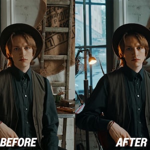 May include: A person wearing a black button-down shirt, brown vest, and a brown hat. The image has the text "BEFORE" and "AFTER" in white, indicating a comparison. The background includes a window, a ladder, and burlap sacks.