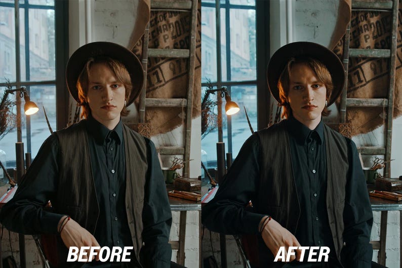 May include: A person wearing a black button-down shirt, brown vest, and a brown hat. The image has the text "BEFORE" and "AFTER" in white, indicating a comparison. The background includes a window, a ladder, and burlap sacks.