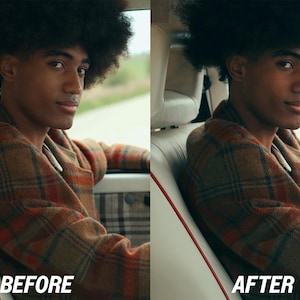 Puede incluir: Una persona en un coche con una chaqueta a cuadros marr&oacute;n y naranja. La imagen tiene el texto "BEFORE" y "AFTER" en la parte inferior, lo que sugiere una comparaci&oacute;n. El interior del coche es visible, con asientos color crema y un panel de puerta a cuadros.