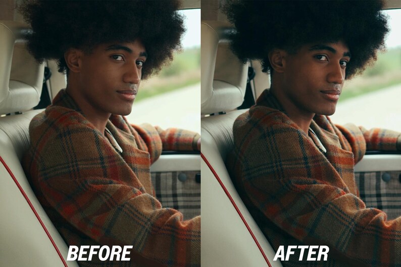 Puede incluir: Una persona en un coche con una chaqueta a cuadros marr&oacute;n y naranja. La imagen tiene el texto "BEFORE" y "AFTER" en la parte inferior, lo que sugiere una comparaci&oacute;n. El interior del coche es visible, con asientos color crema y un panel de puerta a cuadros.