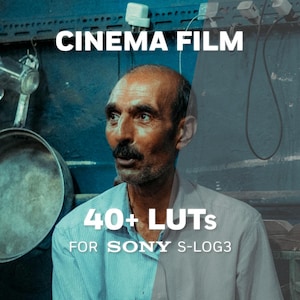 Peut inclure: Un graphique numérique montrant une personne avec une moustache portant une chemise à col bleu clair. Le texte CINEMA FILM, 40+ LUTs et FOR SONY S-LOG3 est superposé sur l'image, qui présente un effet de couleur divisé sur un mur bleu.