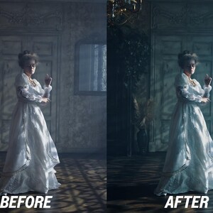 May include: A woman in a white dress stands in a dimly lit room, with the text "BEFORE" and "AFTER" at the bottom. The dress has long sleeves and intricate detailing. The room has ornate doors and a chandelier.