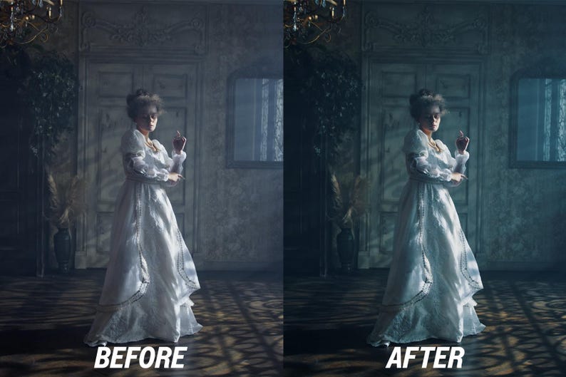 May include: A woman in a white dress stands in a dimly lit room, with the text "BEFORE" and "AFTER" at the bottom. The dress has long sleeves and intricate detailing. The room has ornate doors and a chandelier.