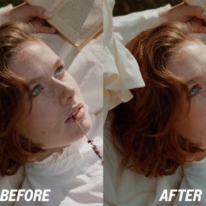 May include: A split image with the text "BEFORE" and "AFTER". The left side shows a person with red hair and freckles, looking up. The right side shows the same person with enhanced features. A sprig is in their mouth.