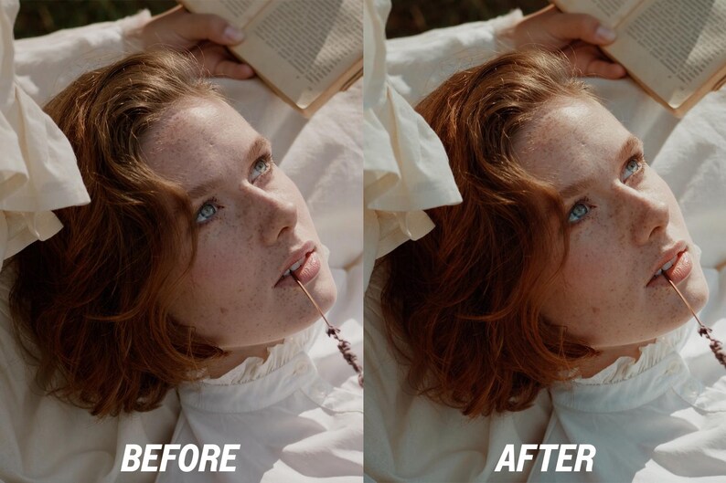 May include: A split image with the text "BEFORE" and "AFTER". The left side shows a person with red hair and freckles, looking up. The right side shows the same person with enhanced features. A sprig is in their mouth.