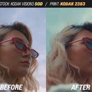May include: Split image showing a person wearing red cat-eye sunglasses. The left side is labeled "BEFORE" and the right side is labeled "AFTER". The text at the top reads "STOCK: KODAK VISION3 50D / PRINT: KODAK 2383".