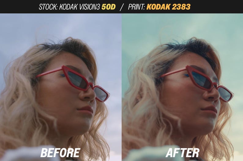 May include: Split image showing a person wearing red cat-eye sunglasses. The left side is labeled "BEFORE" and the right side is labeled "AFTER". The text at the top reads "STOCK: KODAK VISION3 50D / PRINT: KODAK 2383".