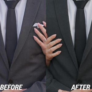 May include: A before and after image of a gray suit. The suit has a black tie and a white pocket square. The text "BEFORE" and "AFTER" are at the bottom of the image.