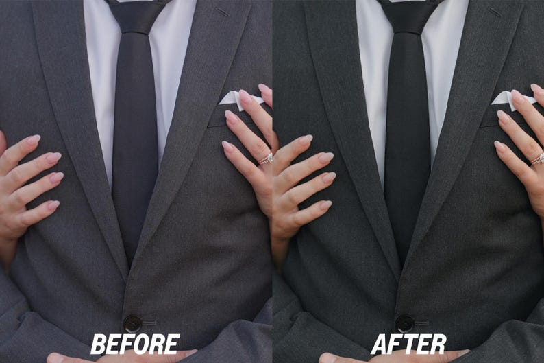 May include: A before and after image of a gray suit. The suit has a black tie and a white pocket square. The text "BEFORE" and "AFTER" are at the bottom of the image.