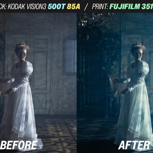 May include: A split image showing a woman in a white dress in a dimly lit room. The left side is labeled "BEFORE" and the right side "AFTER". The text at the top reads "STOCK: KODAK VISION3 500T 85A / PRINT: FUJIFILM 3513DI".