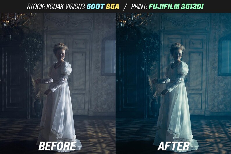 May include: A split image showing a woman in a white dress in a dimly lit room. The left side is labeled "BEFORE" and the right side "AFTER". The text at the top reads "STOCK: KODAK VISION3 500T 85A / PRINT: FUJIFILM 3513DI".
