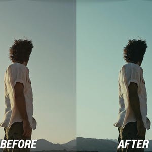 May include: Image comparison showing a person from the back, wearing a white shirt and khaki trousers, against a blue sky. The text "BEFORE" and "AFTER" is at the bottom, indicating a visual change.