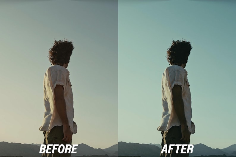 May include: Image comparison showing a person from the back, wearing a white shirt and khaki trousers, against a blue sky. The text "BEFORE" and "AFTER" is at the bottom, indicating a visual change.