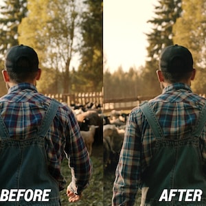 May include: A person wearing a plaid shirt and denim overalls, facing away from the camera, with a black cap. The person is standing in front of a flock of sheep. The image has the text "BEFORE" and "AFTER" at the bottom.