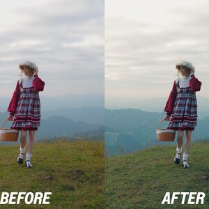 K&ouml;nnte beinhalten: Eine Person in einem roten und karierten Kleid, mit wei&szlig;em Hut und einem Korb geht auf einem grasbewachsenen H&uuml;gel. Das Bild ist geteilt, mit dem Text "VORHER" und "NACHHER" unten, der eine Farbanpassung zeigt. Berge und ein bew&ouml;lkter Himmel sind im Hintergrund.