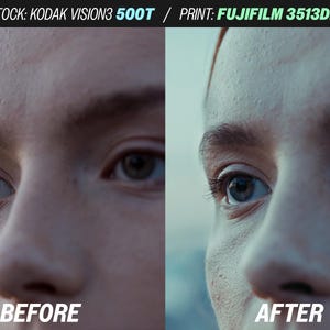 May include: Split image showing a close-up of a person's face, comparing a 'before' and 'after' effect. The 'before' side has a warmer tone, while the 'after' side is cooler. Text at the top reads 'STOCK: KODAK VISION3 500T / PRINT: FUJIFILM 3513DI'.