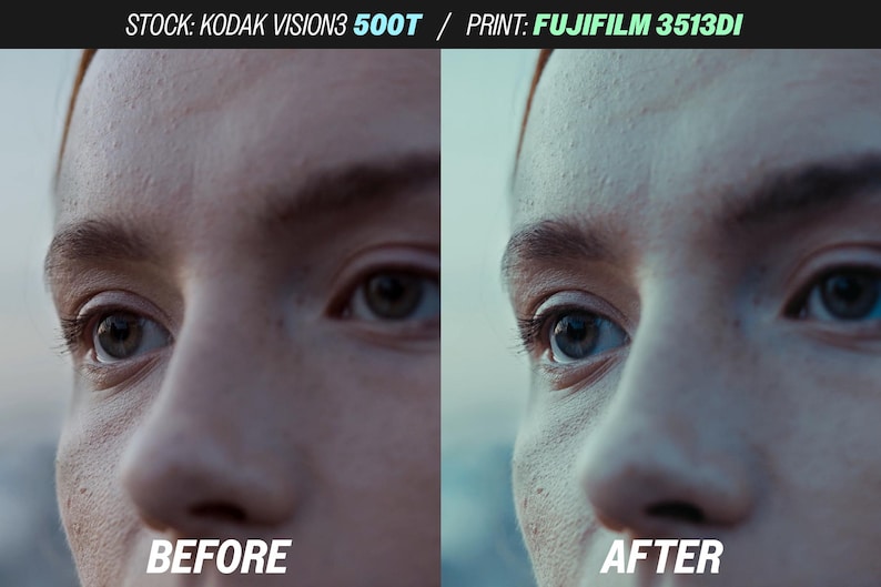 May include: Split image showing a close-up of a person's face, comparing a 'before' and 'after' effect. The 'before' side has a warmer tone, while the 'after' side is cooler. Text at the top reads 'STOCK: KODAK VISION3 500T / PRINT: FUJIFILM 3513DI'.