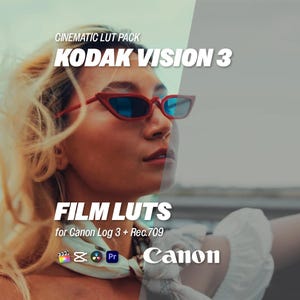 Pode incluir: Imagem de uma mulher usando óculos de sol com armação vermelha e lentes azuis. A sobreposição de texto diz "CINEMATIC LUT PACK KODAK VISION 3" e "FILM LUTS for Canon Log 3 + Rec.709". O logotipo da Canon também é visível.