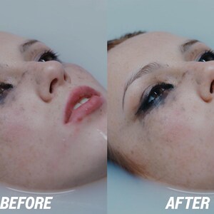 May include: A split image shows a person's face, partially submerged in liquid. The left side, labeled "BEFORE," displays smeared makeup. The right side, labeled "AFTER," shows a cleaner appearance. The person has fair skin, red lips, and dark eye makeup.