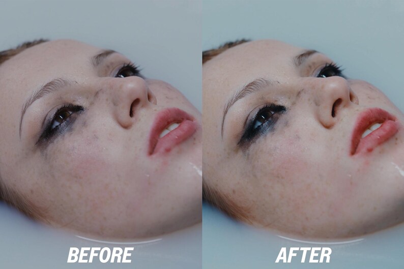 May include: A split image shows a person's face, partially submerged in liquid. The left side, labeled "BEFORE," displays smeared makeup. The right side, labeled "AFTER," shows a cleaner appearance. The person has fair skin, red lips, and dark eye makeup.