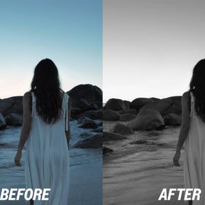Puede incluir: Una mujer con un vestido blanco camina por una playa hacia el agua, con grandes rocas en el fondo. La imagen est&aacute; dividida, con una versi&oacute;n en color a la izquierda y una versi&oacute;n en blanco y negro a la derecha. El texto en la parte inferior dice "ANTES" y "DESPU&Eacute;S".