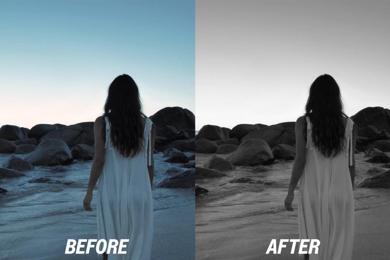 Puede incluir: Una mujer con un vestido blanco camina por una playa hacia el agua, con grandes rocas en el fondo. La imagen est&aacute; dividida, con una versi&oacute;n en color a la izquierda y una versi&oacute;n en blanco y negro a la derecha. El texto en la parte inferior dice "ANTES" y "DESPU&Eacute;S".