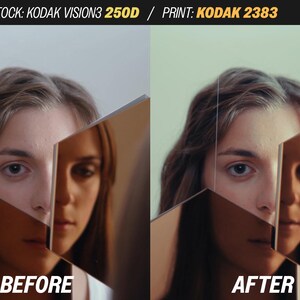 Puede incluir: Imagen dividida que muestra el rostro de una mujer con efecto espejo, etiquetada como "ANTES" y "DESPU&Eacute;S". El texto en la parte superior dice "STOCK: KODAK VISION3 250D / PRINT: KODAK 2383". La imagen demuestra un proceso de correcci&oacute;n de color.