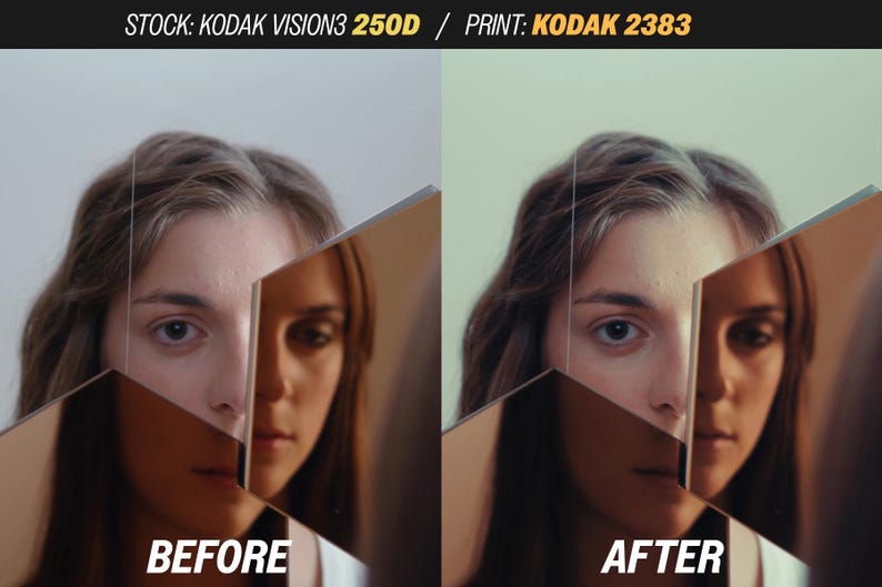 Puede incluir: Imagen dividida que muestra el rostro de una mujer con efecto espejo, etiquetada como "ANTES" y "DESPU&Eacute;S". El texto en la parte superior dice "STOCK: KODAK VISION3 250D / PRINT: KODAK 2383". La imagen demuestra un proceso de correcci&oacute;n de color.