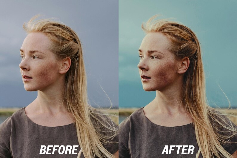 May include: Split image showing a woman's profile before and after a beauty treatment. The woman has long blonde hair and is wearing a dark grey top. The text "BEFORE" and "AFTER" are displayed in white at the bottom of each image.