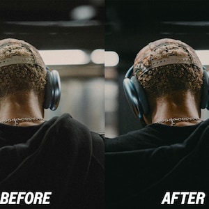 May include: Image comparison showing "BEFORE" and "AFTER" photo editing. The subject wears a camouflage baseball cap, a black hoodie, and silver necklace. Large, dark blue headphones are around the ears. The background is blurred.