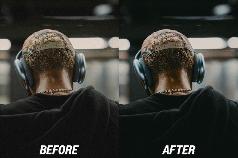 May include: Image comparison showing "BEFORE" and "AFTER" photo editing. The subject wears a camouflage baseball cap, a black hoodie, and silver necklace. Large, dark blue headphones are around the ears. The background is blurred.