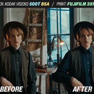 May include: Side-by-side comparison of a person wearing a hat, dark shirt, and vest. The left image is labeled "BEFORE", the right image "AFTER". The text at the top reads "STOCK: KODAK VISION3 500T 85A / PRINT: FUJIFILM 3513DI".