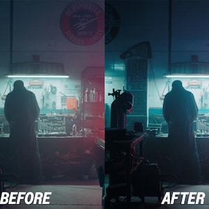Puede incluir: Una comparaci&oacute;n de im&aacute;genes de antes y despu&eacute;s en un taller con poca luz. La imagen "ANTES" est&aacute; a la izquierda y la imagen "DESPU&Eacute;S" a la derecha. Una persona est&aacute; de pie en el centro, de espaldas a la c&aacute;mara. El taller tiene herramientas y equipos.