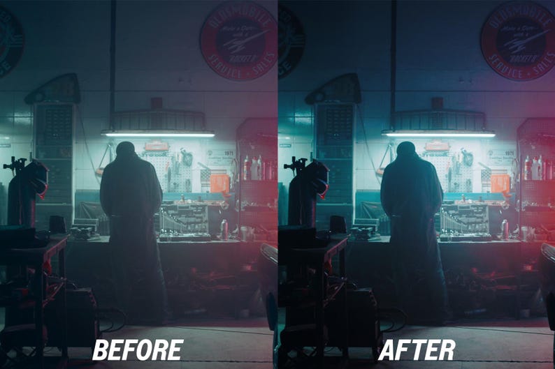 Puede incluir: Una comparaci&oacute;n de im&aacute;genes de antes y despu&eacute;s en un taller con poca luz. La imagen "ANTES" est&aacute; a la izquierda y la imagen "DESPU&Eacute;S" a la derecha. Una persona est&aacute; de pie en el centro, de espaldas a la c&aacute;mara. El taller tiene herramientas y equipos.