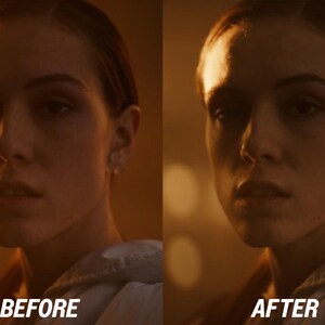 May include: Split image showing a woman's face before and after a photo edit. The "BEFORE" side shows a face with less contrast, while the "AFTER" side has enhanced features. The background is a warm, blurred orange.