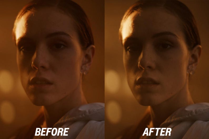 May include: Split image showing a woman's face before and after a photo edit. The "BEFORE" side shows a face with less contrast, while the "AFTER" side has enhanced features. The background is a warm, blurred orange.