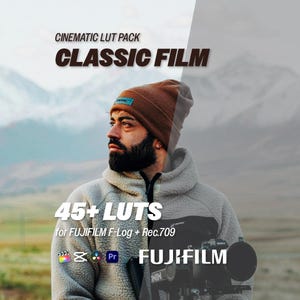May include: Image promoting a "Classic Film" cinematic LUT pack for FUJIFILM cameras. The image features a person wearing a brown beanie and a gray fleece jacket, holding a camera. Text includes "45+ LUTS" and software logos.