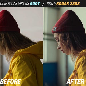 May include: A side-profile shot of a person wearing a red beanie and a yellow jacket. The image is split, with "BEFORE" on the left and "AFTER" on the right, showcasing a color correction. The text "STOCK: KODAK VISION3 500T / PRINT: KODAK 2383" is at the top.